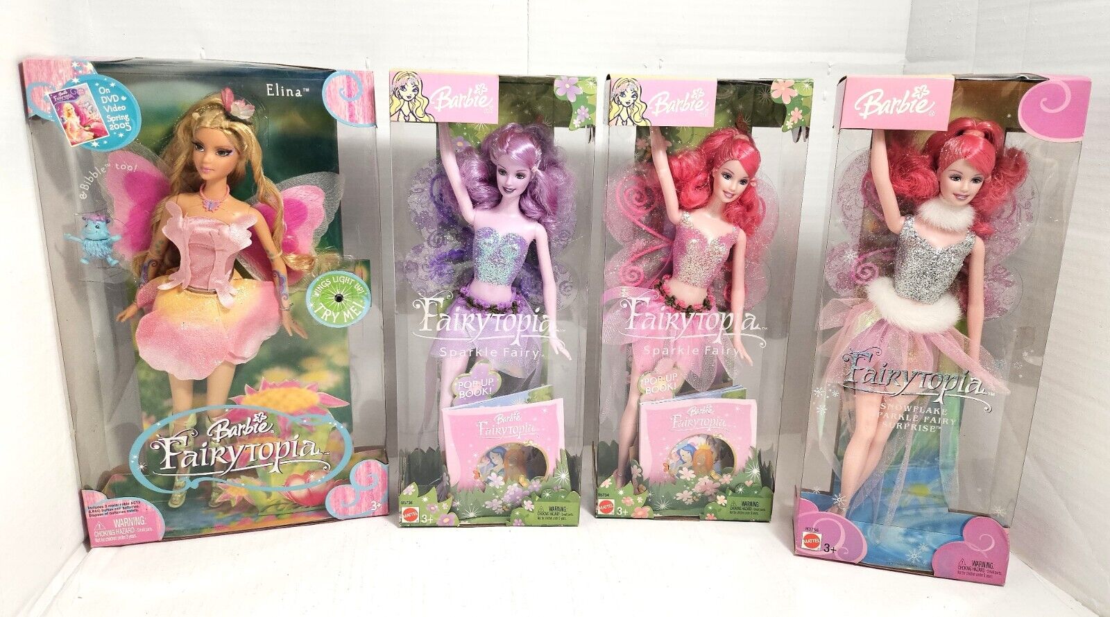 NEW Lot Barbie Fairytopia Elina Lights Work! Snowflake Sparkle 2003 & 2004 NRFB