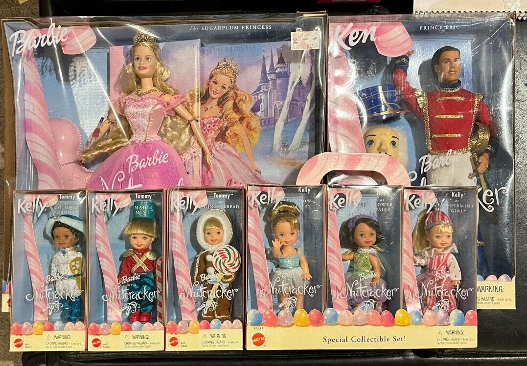 2001 Barbie as Sugarplum Princess w/Book & Ken as Nutcracker plus Kellys NRFB