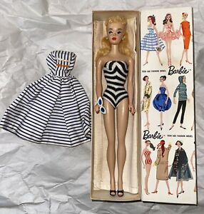 Rare 1960 #3/#4 Barbie Doll Blonde Hair BROWN Eyeliner Near Mint Doll +Box+Dress