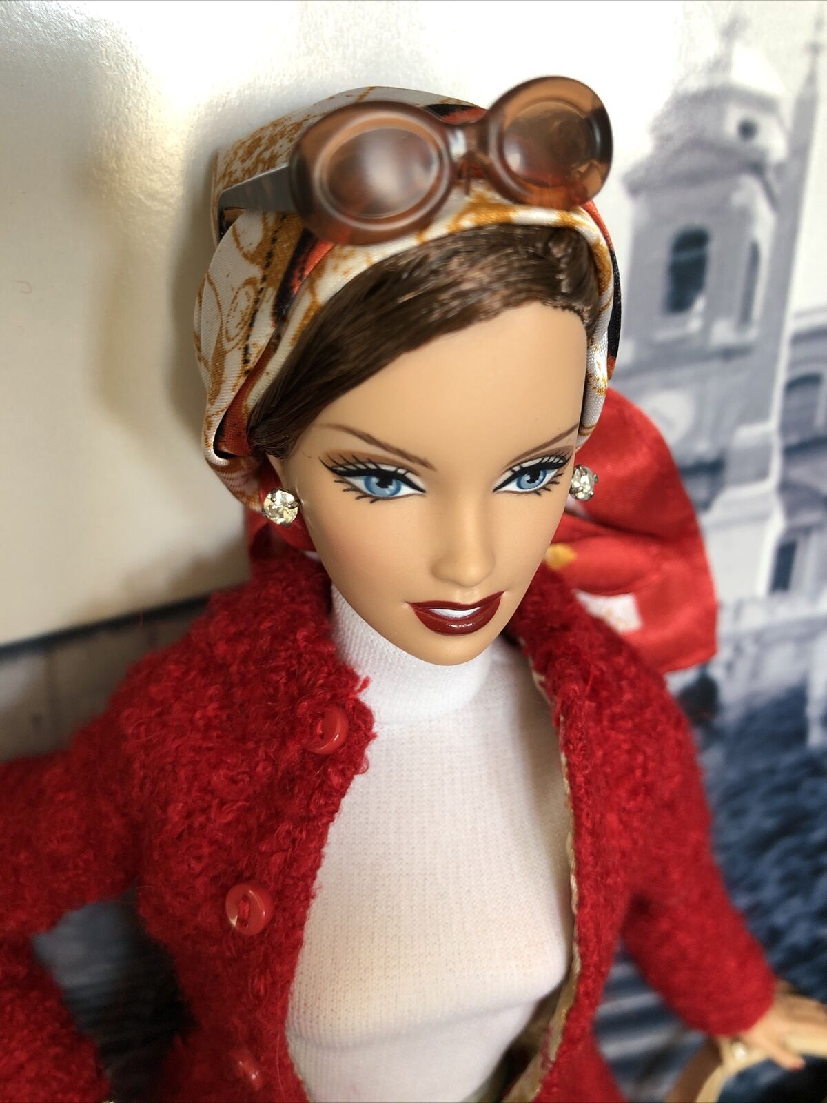2005 Gold Label Ferrari Barbie Doll With Red Coat Bag Boots Sunglasses Earrings