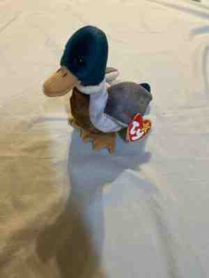 Ty Beanie Baby Jake The Duck, 1997 Hang Tag, 1998 Tush Tag, Red Stamp In TushTag
