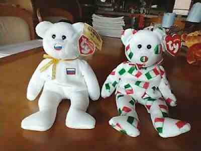 Lot of 2 Ty Beanie Babies Country Exclusive Flag Nose Bears PIPPO & ELBRUS MWMT
