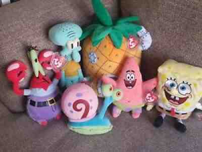 Beanie Babies SPONGEBOB lot Pineapple Gary Patrick Mr Krabs Squidward MINT tags