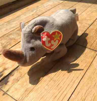 RARE Ty Beanie Baby Spike The Rhinoceros Hang Tag 1996 Tag Error RetiredÂ