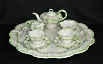 ANTIQUE 8 PIECES IRISH BELLEEK  2ND BLACK MARK ERNE GREEN TINT TEA SET