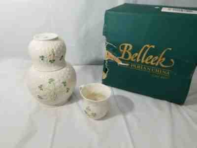 BELLEEK PARIAN CHINA BASKET WEAVE SHAMROCKS CARAFE DECANTER JUG W/ TUMBLER & MUG