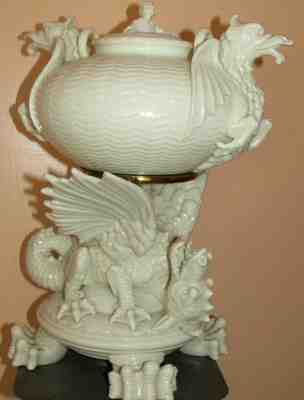 Rare Irish Belleek porcelain Chinese tea urn kettle on stand Black mark c1860's 