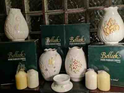 BELLEEK SET of 4 SEASONS Hurricane Candle Lamps MIB! Spring Summer Fall Winter!