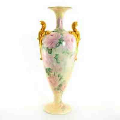 LARGE Antique American Belleek Hand Painted Scene Rose Vase