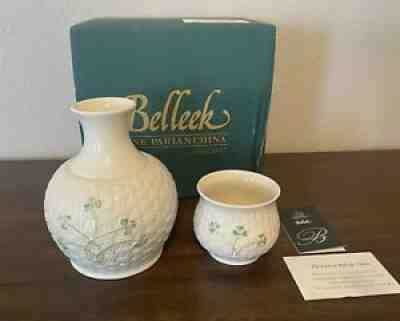 BELLEEK PARIAN CHINA BASKET WEAVE SHAMROCKS CARAFE DECANTER JUG W/ TUMBLER - NEW