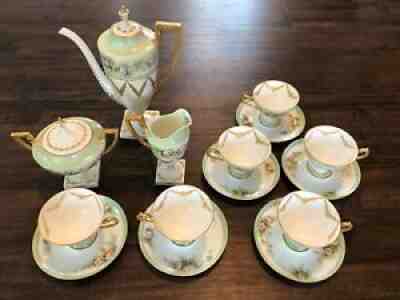 RARE Antique American Belleek Limoges Coffee/Tea Set 17 Pieces Pink Teal & Gold