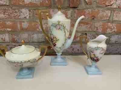 Rare Hand Painted 3pc American Belleek Lenox Tea Set Floral Roses