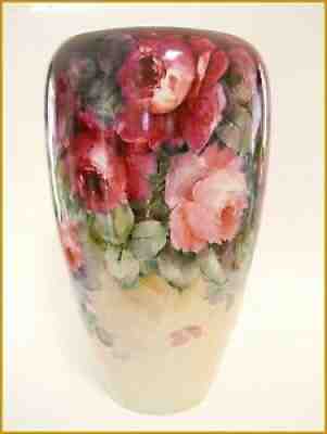 HUGE ANTIQUE WILLETS BELLEEK PORCELAIN HAND PAINTED RED/PINK ROSES VASE~ 13