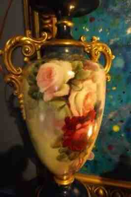 Gloriously Hand Painted LARGE Roses Urn, Limoges? Belleek ? Austrian? AS IS