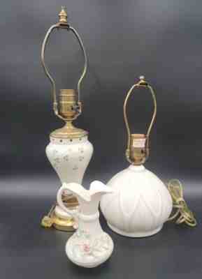 Belleek Ireland Lot 2 Electric Lamps Shamrock Lotus & Small Pitcher EXCELLENT