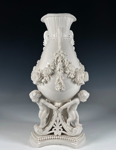 Exceptional Large Antique Belleek Porcelain Footed Vase w Cherubs 1st Black Mark