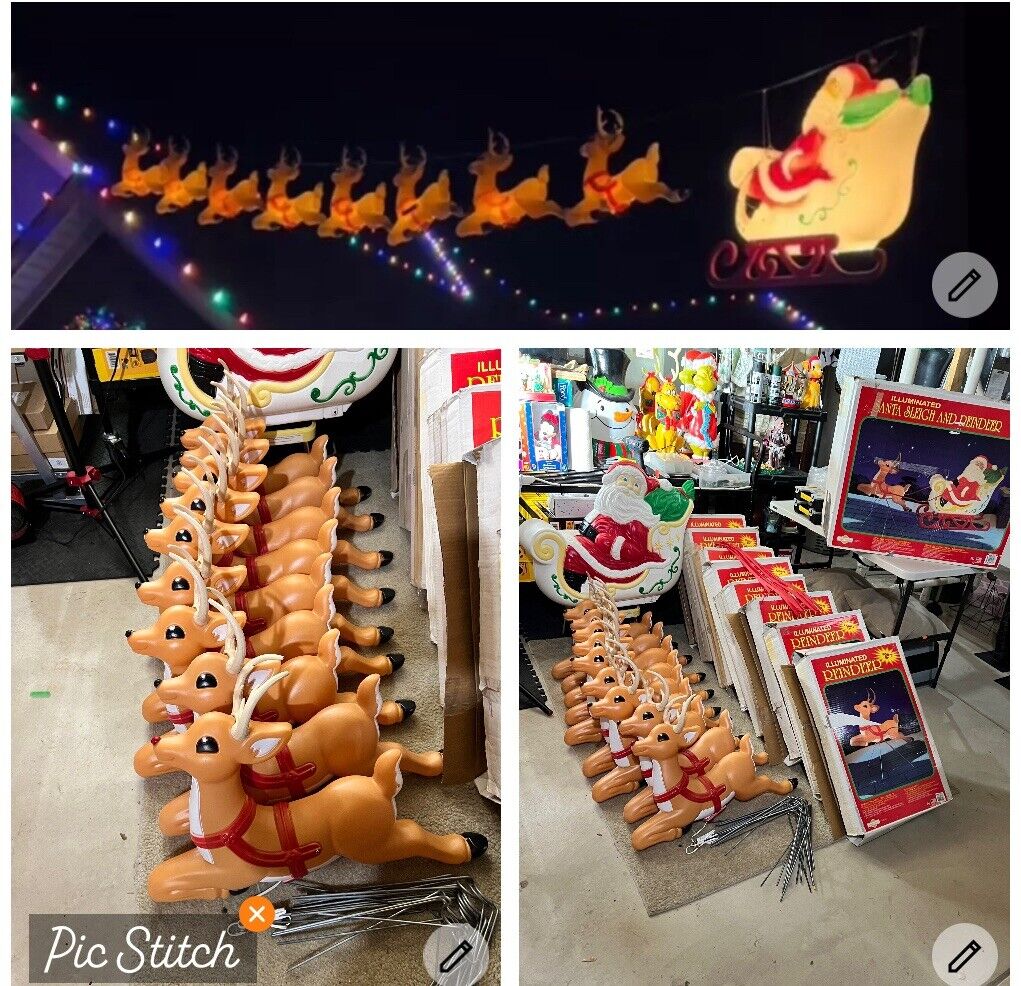 vintage santa in sleigh + 9 reindeer's blowmold ( grand venture)