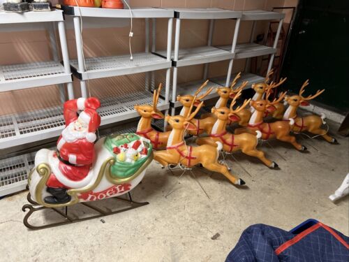Vintage Blow Mold Christmas Santa Sleigh & 8 Reindeer BEST SET ON EBAY! LOOK!