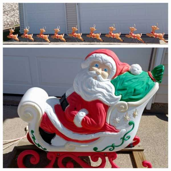 Vintage Grand Venture Santa in Sleigh +9 Reindeer's Christmas Blowmold Red Nose