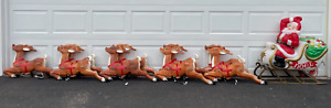 VTG '70s Empire Blow Mold Santa Sleigh & 9 Reindeer inc. Rudolph Rigged to "Fly"