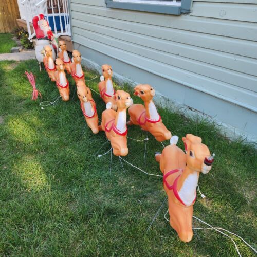 Vintage Blow Mold Christmas Santa Sleigh & 9 Reindeer Rudolph Empire Light Up
