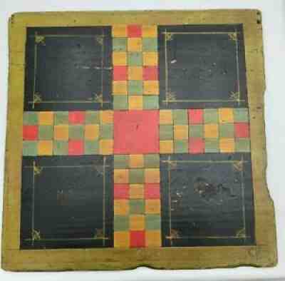 Colorful 1800's Folk Art painted PARCHEESI wood GAME board - great condition!