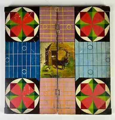 RARE PICTORAL PARCHEESI FOLDING GAMEBOARD.