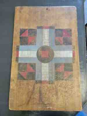 Colorful 1914 Folk Art painted PARCHEESI wood GAME board