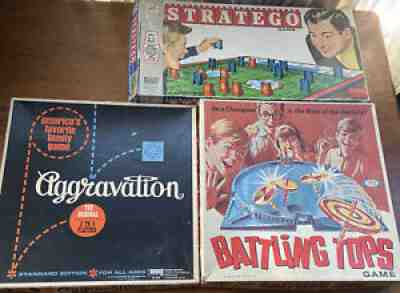 Vintage Lot 1968 Ideal Battling Tops Board Games & Aggravation + Stratego