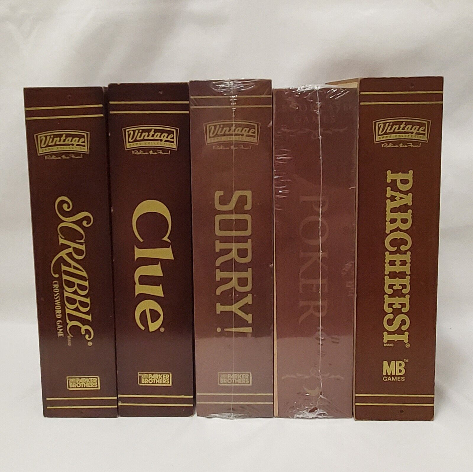 LOT VTG Game Collection Wooden Bookcase Game Scrabble Clue Sorry Poker Parcheesi