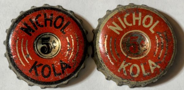 2 DIFF. NICHOL KOLA 5c COLA SODA BOTTLE CAPS; USED CORK-LINED CROWNS