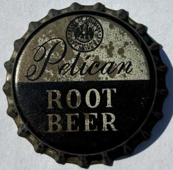 PELICAN ROOT BEER SODA BOTTLE CAP; ALEXANDRIA, LA TAX SEAL; UNUSED CORK CROWN