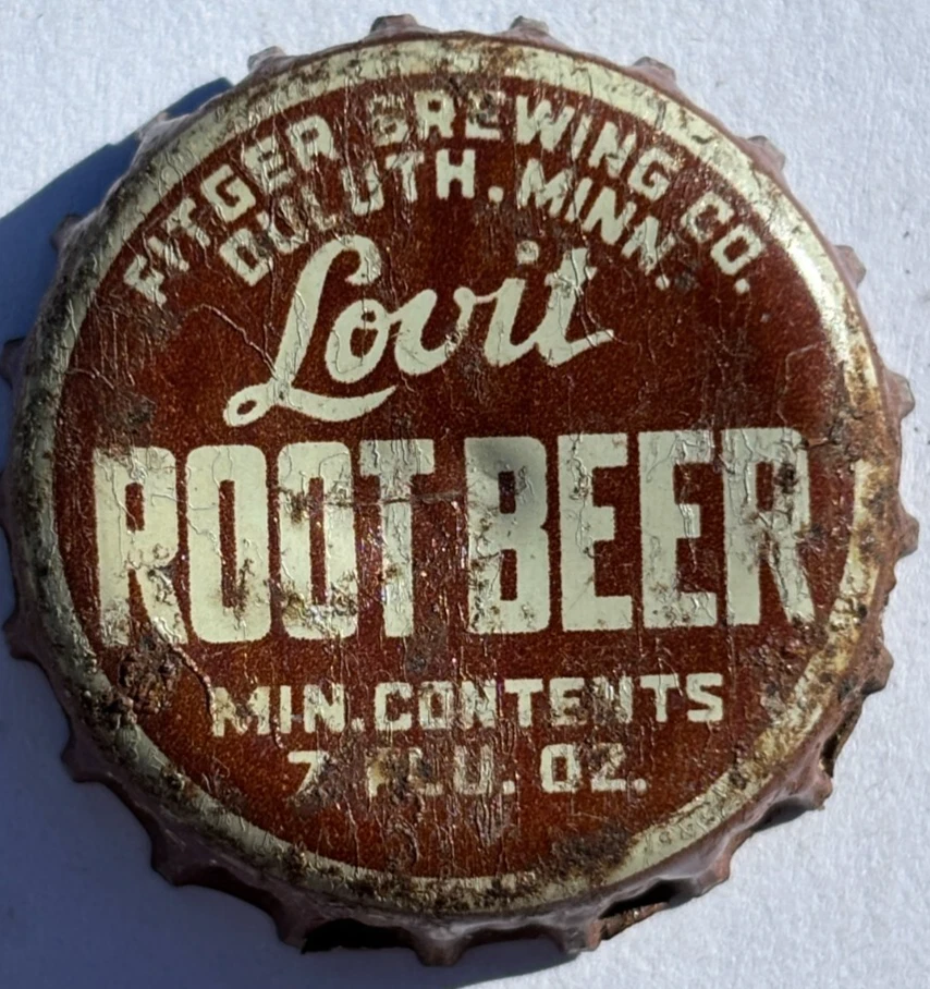 LOVIT ROOT BEER SODA BOTTLE CAP; FITGER BREWING CO., DULUTH, MN; USED CORK CROWN