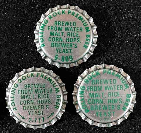 3 ROLLING ROCK PLASTIC LINED BEER BOTTLE CAP LATROBE BREW PENNSYLVANIA PA CROWNS
