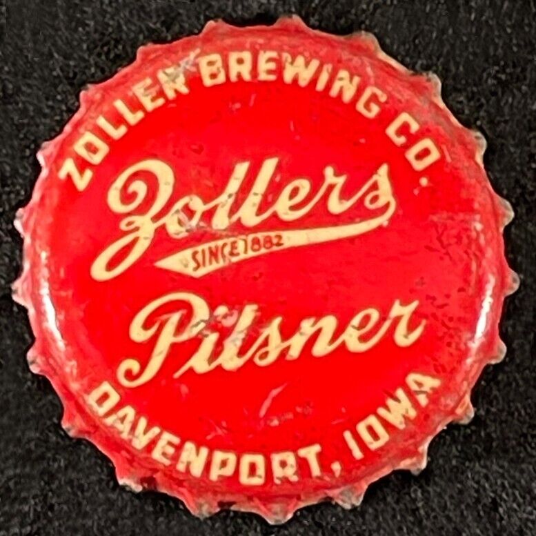 ZOLLER'S PILSNER CORK LINED BEER BOTTLE CAP ZOLLER BREWING DAVENPORT IOWA CROWNS