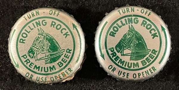 2 ROLLING ROCK PLASTIC LINED BEER BOTTLE CAP LATROBE BREW PENNSYLVANIA PA CROWNS