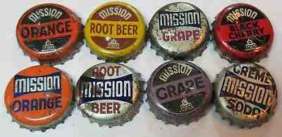 Mission Soda Bottle Cap Crown Lot of 8 - orange, root beer, grape, black cherry