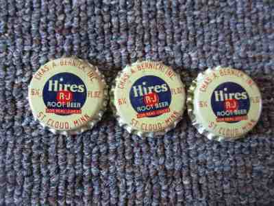 3 RARE Old "HIRES ROOT BEER" Cork-Lined BOTTLE CAPS UNUSED St Cloud Minnesota
