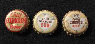 3 dif CHIEF OSHKOSH CORK BOTTLE CAP CROWN OSHKOSH, WISCONSIN WISC ARROW HEAD CUB