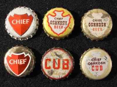 6 dif CHIEF OSHKOSH CORK BOTTLE CAP CROWN OSHKOSH, WISCONSIN WISC ARROW HEAD CUB