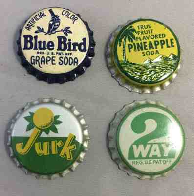 4 BLUE BIRD Grape JUIK Pineap PALM TREE 2-WAY SODA Cork CROWN Bottle Cap Vintage