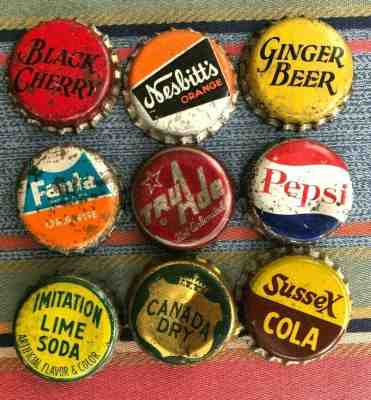 9 Cork Backed Soda / Pop bottle caps /crowns Sussex, Pepsi, Fanta, Nesbitt