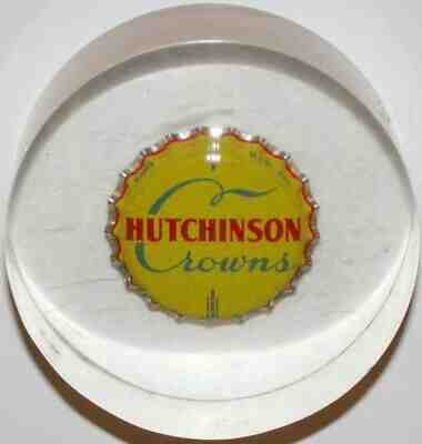 Vintage paperweight HUTCHINSON CROWNS soda bottle cap suspended in lucite exc++