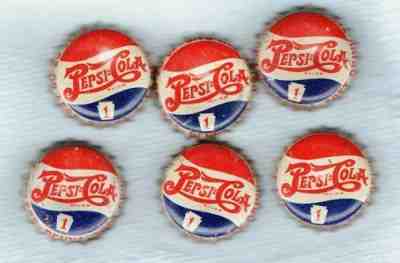 6 PEPSI COLA CORK SODA BOTTLE CAPS CROWNS PA TAX STAMP