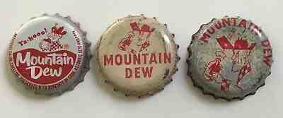 3 Old Mountain Dew Soda Pop Bottle Caps Cork Back Crown Hillbilly Advertising 