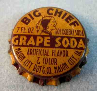 BIG CHIEF GRAPE SODA Unused Cork Lined Soda Bottle Cap MASON CITY IA 7 OZ CROWN