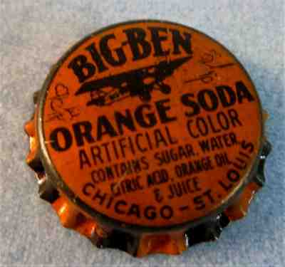 BIG BEN ORANGE SODA Unused Cork Lined Crown Bottle Cap Chicago St Louis Airplane