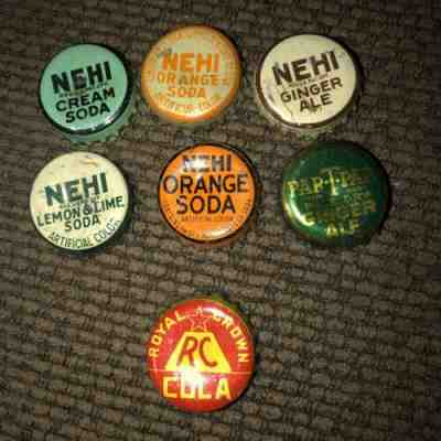 7 Great NEHI Cork-lined Bottle Caps.. to Include a Royal Crown And Par-T-Pak