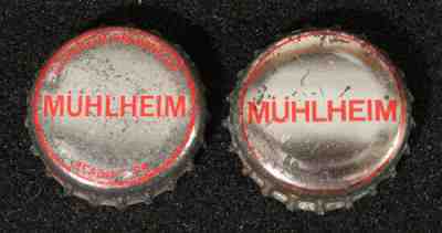 2 dif MUHLHEIM CORK LINED BEER BOTTLE CAP OLD READING PENNSYLVANIA BREW CROWN PA
