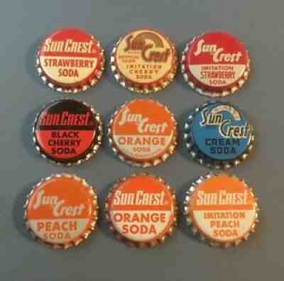 9 Vintage Sun Crest cork lined soda bottle caps unused 9 different